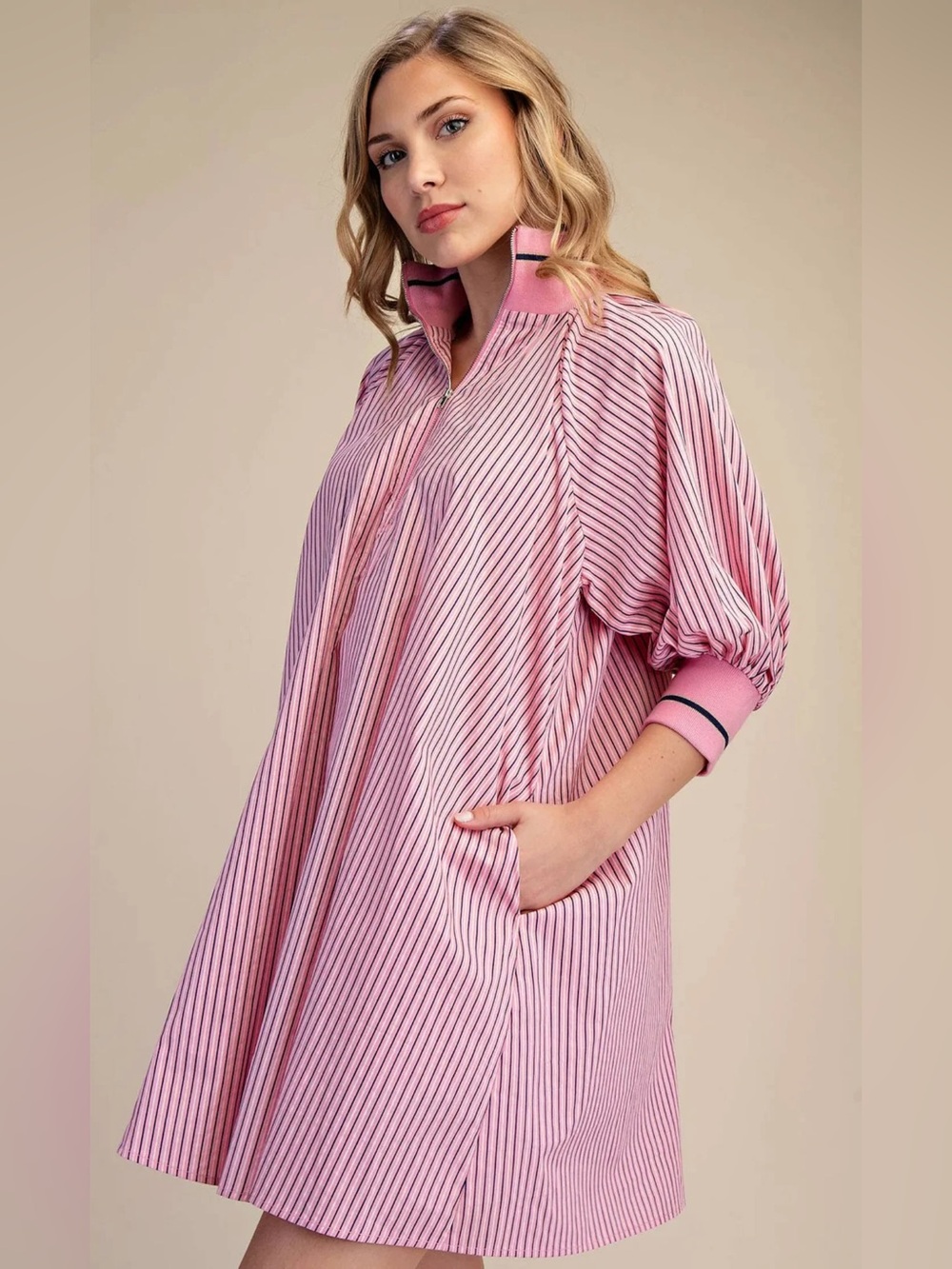 Women's Pink Striped Shirt Dress with Collar